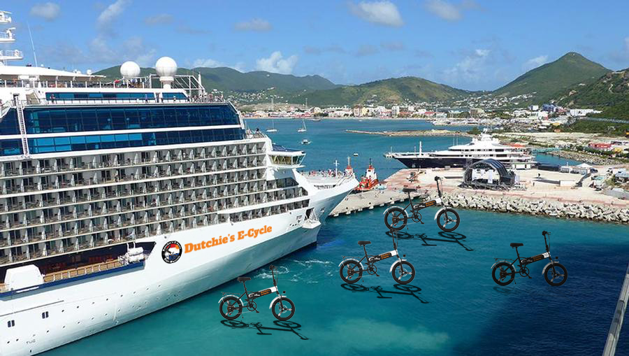 Cruise port terminal Sint Maarten with photoshopped electric bike rentals floating on the water